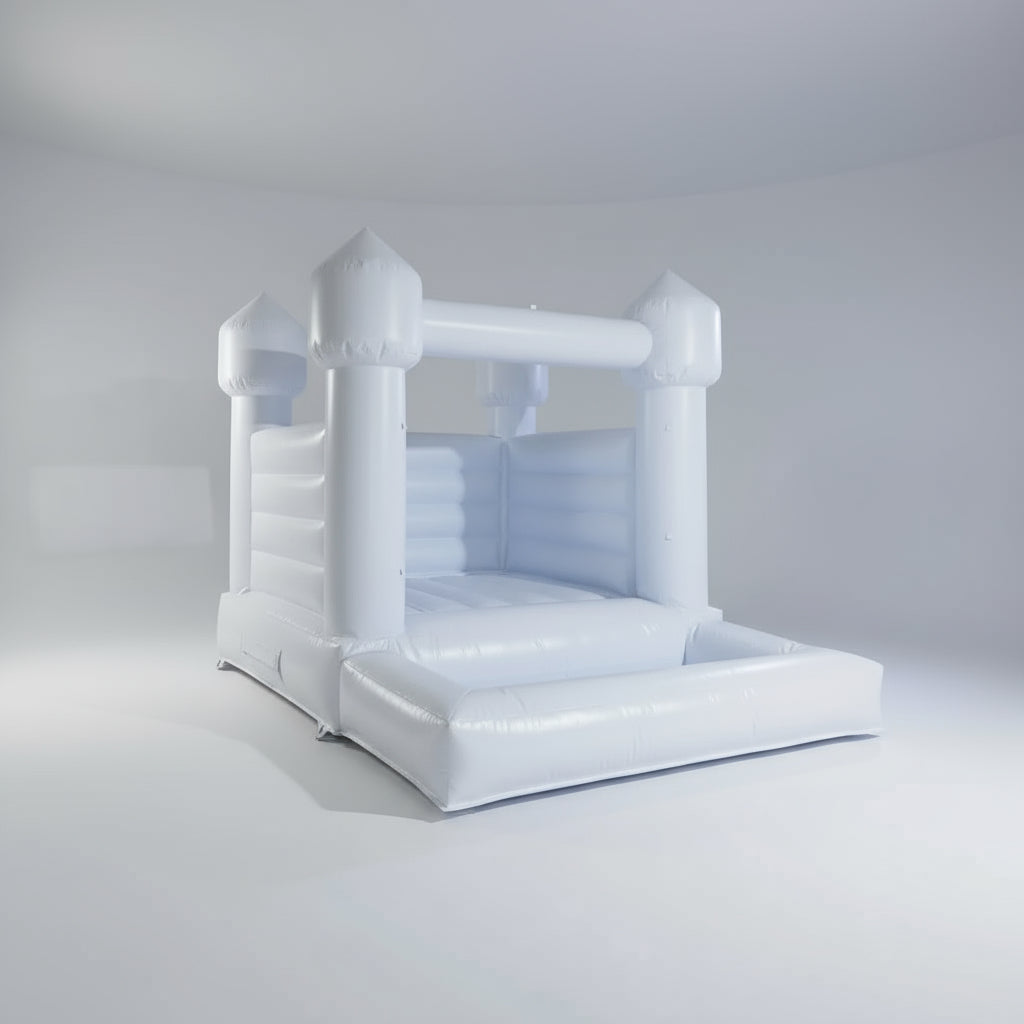 Pastel blue bounce house on a white background